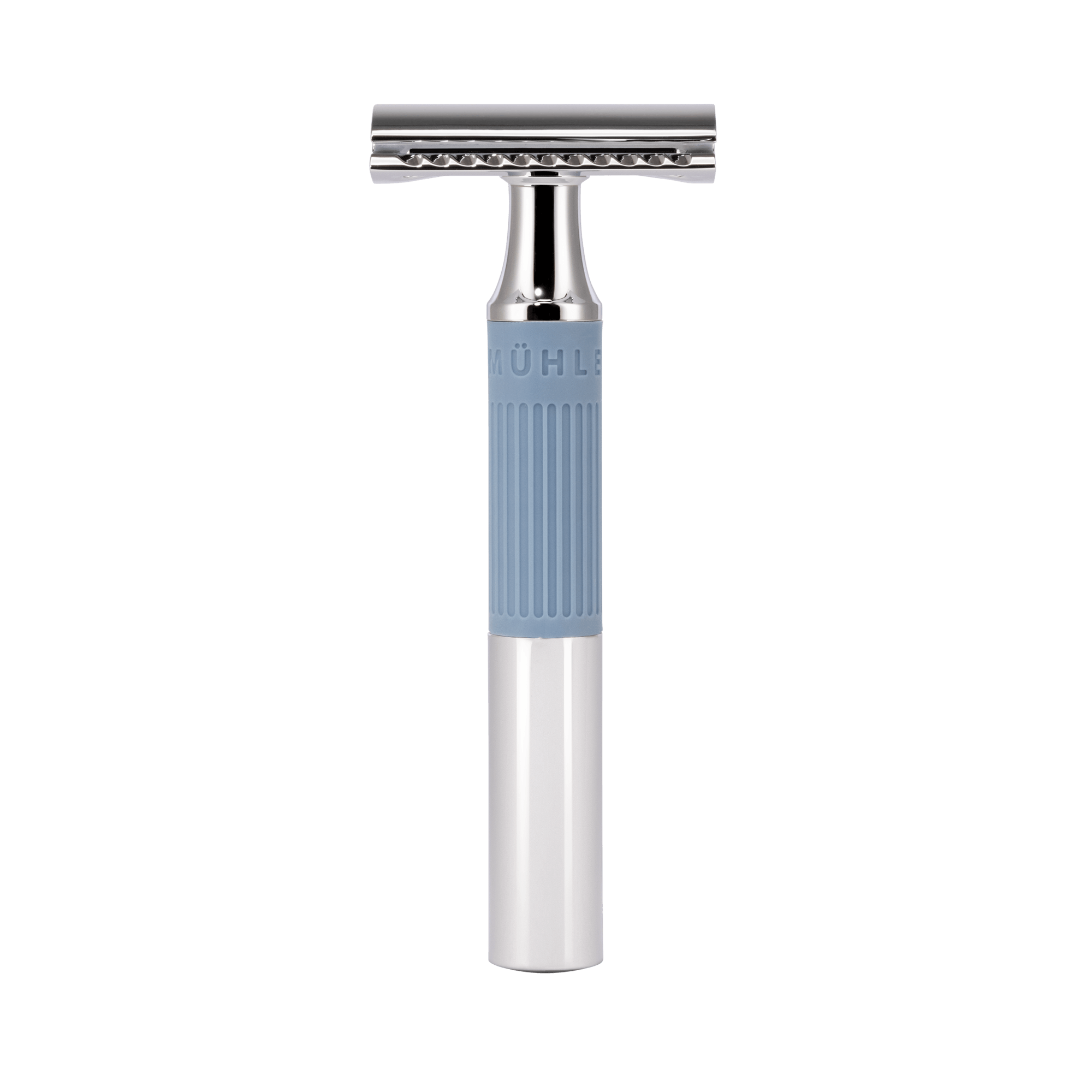 Rasierhobel der Marke MÜHLE mit blauem Griff