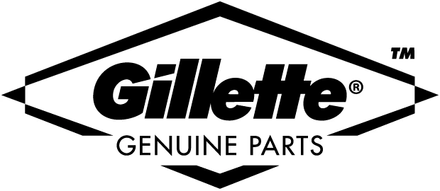 Schwarz-weißes Logo von Gillette. Der Schriftzug "Gillette" steht in der Mitte, umgeben von einer rautenförmigen Umrandung. Darunter befindet sich der Text "GENUINE PARTS". Oben rechts befindet sich ein kleines "TM"-Symbol.