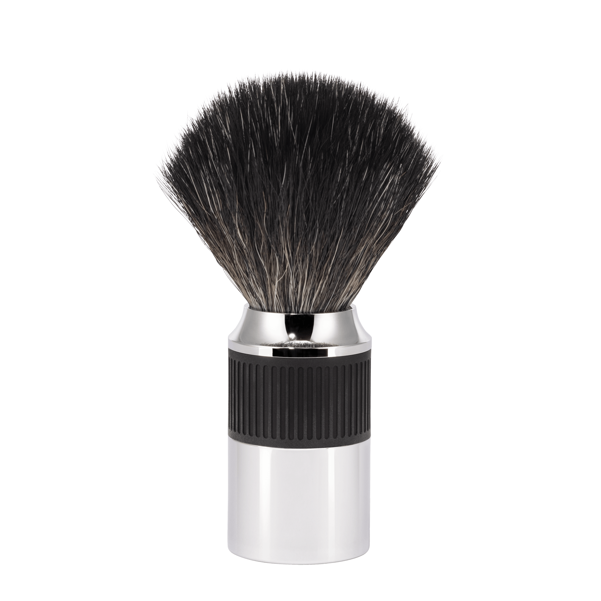  Shaving brush of the MÜHLE brand with a black handle and silver finish, standing freely against a white background.